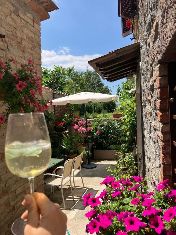Calice di vino bianco nel cortile fiorito
